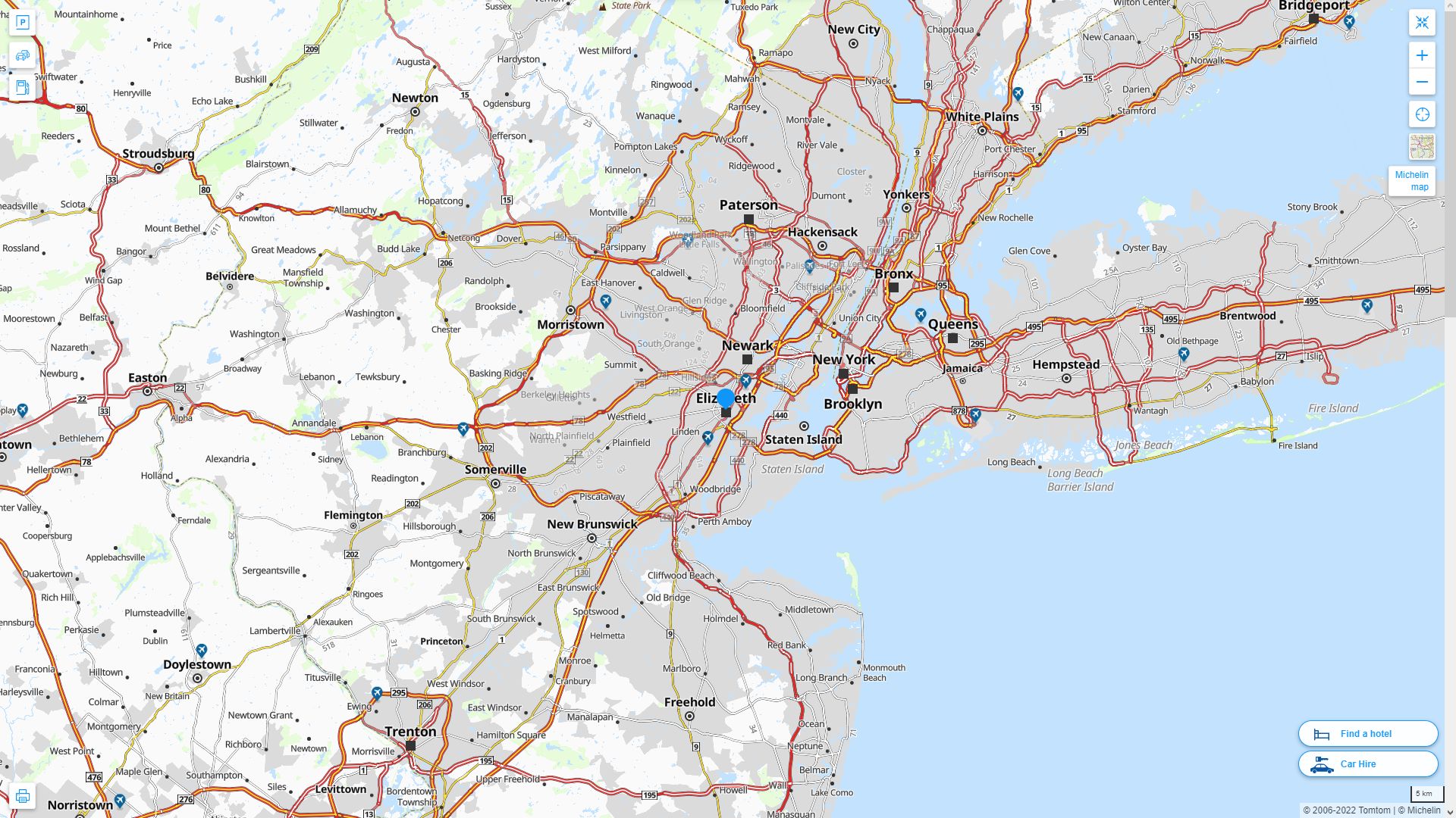 Elizabeth New Jersey Highway and Road Map